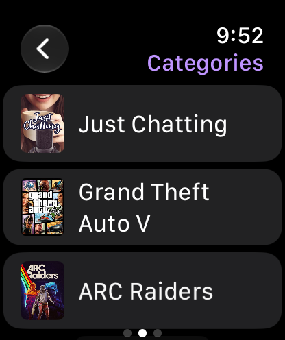 Twitch categories in Lurk for Apple Watch